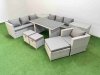 Fimous Patio Garden Furniture Sets with Black Glass Top Dining Table 3 Seater Sofa Armchair 2 Side Tables 3 Stool Light Grey