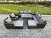 Fimous Rattan Garden Furniture Dining Set 10 seater Patio Rectangular Table 2 Big Footstool Dark Grey Mixed