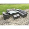 Fimous 9 Seater Rattan Garden Furniture Set Oblong Rectangular Dining Table and Chairs Set with 3 Seater Sofa Side Table 2 Small Footstools Dark Grey Mixed