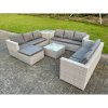 Fimous Light Grey Lounge Outdoor PE Rattan Garden Furniture Set Wicker Sofa Set Square Coffee Table Side Table Footstool