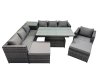 Fimous 9 Seater Outdoor Corner Sofa Height Adjustable Rising Lifting Table Set Garden Rattan Furniture Set with Side Table 2 Big Stool Dark Grey