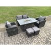 Fimous Rattan Outdoor Garden Furniture Sofa Set Gas Fire Pit Dining Table Gas Heater with Love Sofa 2 Small Footstool Dark Grey Mixed