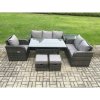 Fimous 8 Seater Garden Rattan Furniture Dining Table Sofa Set Indoor Outdoor with Reclining Chairs Side Table 2 Small Footstools Dark Grey Mixed