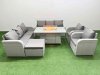 Fimous PE Rattan High Back Lounge Sofa Set Patio Firepit Dining Table & Chairs Set with 3 Seater Sofa Reclining Chair Big Footstool Light Grey