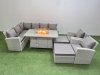 Fimous Outdoor Furniture Garden Dining Set Rattan Corner Sofa Chair Sets Gas Fire Pit Table with Temper Glass Footstools 10 Seater Light Grey Mixed