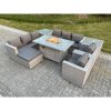 Fimous Light Grey Rattan Fire Pit Garden Furniture Set Gas Heater Burner Lounge Sofa Dining Set 2 Coffee Table Chairs Footstool