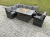 Fimous Rattan Garden Furniture High Back Corner Sofa Gas Fire Pit Dining Table Sets Gas Heater with Armchair 7 Seater Dark Grey Mixed