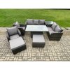Fimous Outdoor Rattan Furniture Garden Dining Set Patio Height Adjustable Rising lifting Table Reclining Chair Sofa With Side Table 2 Big Footstools