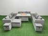 Fimous PE Rattan Lounge Sofa Set Outdoor Garden Furniture Set with Firepit Dining Table 3 Seater Sofa Side Table 3 Stools Light Grey