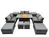 Fimous Outdoor Love Sofa Set 10 Seat Rattan Garden Furniture Set with Gas Firpit Dining Table 4 Footstools 2 Side Table Dark Grey Mixed