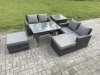 Fimous 6 Seater Garden Dining Set Wicker PE Rattan Outdoor Furniture Sofa with Rectangular Dining Table Double Seat Sofa 2 Big Footstool Side Table Dark Grey Mixed