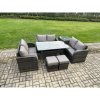 Fimous 8 Seater Outdoor Rattan Garden Furniture Set with Patio Rectangular Dining Table Love Sofa Side Table 2 Small Footstools Dark Grey Mixed