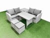 Fimous 6 Seater Outdoor Love Sofa Set Rattan Garden Furniture Set with Rectangular Dining Table Side Table 2 Small Footstool Light Grey