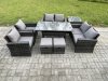 Fimous Rattan Garden Furniture Set 8 Seater Patio Outdoor Lounge Sofa Set with Oblong Dining Table Double Seat Sofa Side Table 2 Small Footstools Dark Grey Mixed