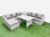 Fimous Rattan Garden Furniture Dining Set 7-seater Patio Rectangular Table 3 Seater Sofa Set with Side Table Big Stool Light Grey