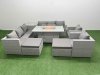 Fimous 10 Seat PE Rattan Lounge Sofa Set Outdoor Garden Furniture Set with Firepit Dining Table 3 Seater Sofa Side Table 2 Big Footstool Light Grey