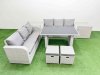 Fimous 8 Seater Rattan Outdoor Dining Table 3 Seater Sofa Set with 2 Side Tables 2 Small Stools Light Grey