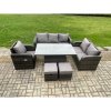 Fimous Outdoor Rattan Furniture Garden Dining Set Patio Height Adjustable Rising lifting Table Reclining Chair Sofa With 2 Small Footstools Dark Grey Mixed