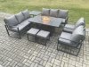 Fimous Aluminium Outdoor Garden Furniture Set Patio Lounge Sofa Gas Fire Pit Dining Table Set with 2 Small Footstools Side Table Dark Grey