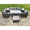 Fimous Wicker PE Rattan Outdoor Garden Furniture Set Height Adjustable Rising lifting Dining Table With Armchair 2 Side Tables Footstool