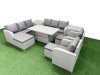 Fimous PE Rattan High Back Lounge Sofa Set Patio Adjustable Lifting Dining or Coffee Table & Chairs Set with 3 Seater Sofa Reclining Chair 3 Stools 2 Side Table Light Grey