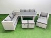 Fimous Patio Garden Furniture Sets with Black Glass Top Dining Table 3 Seater Sofa Armchair Side Table 3 Stool Light Grey