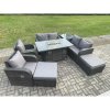 Fimous 8 Seater Rattan Garden Furniture Set Outdoor Propane Gas Fire Pit Table and Sofa Chair set with Side Table 2 Big Footstool