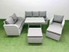 Fimous Rattan High Back Lounge Sofa Set Patio Dining Table & Chairs Set with 3 Seater Sofa Reclining Chair 2 Big Stool Light Grey