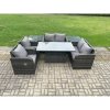 Fimous Outdoor Rattan Garden Furniture Set Patio Height Adjustable Rising lifting Dining Table Love Sofa With 2 Side Tables
