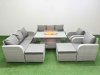 Fimous PE Rattan High Back Lounge Sofa Set Patio Firepit Dining Table & Chairs Set with 3 Seater Sofa Reclining Chair 2 Big Footstool Light Grey