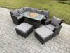 Fimous 9 Seater Rattan Garden Furniture Set High Back Corner Sofa Gas Fire Pit Dining Table Sets Gas Heater with 2 Big Footstool Armchair Dark Grey Mixed