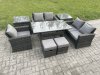 Fimous Outdoor Garden Dining Set Wicker PE Rattan Furniture Sofa with Rectangular Dining Table Double Seat Sofa 2 Side Tables 2 Small Footstools Dark Grey Mixed
