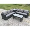 Fimous 6 Seater Rattan Corner Sofa Set With Square Side Table And Oblong Rectangular Coffee Tea Table Dark Grey Mixed