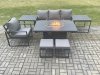 Fimous Aluminium 7 Pieces Garden Furniture Sofa Set with Cushions Gas Fire Pit Dining Table Set with 2 Small Footstools 2 Side Tables Dark Grey