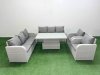 Fimous PE Rattan High Back Lounge Sofa Set Patio Adjustable Lifting Dining or Coffee Table & Chairs Set with 3 Seater Sofa Reclining Chair Light Grey