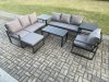 Fimous Aluminium 8 Seater Garden Furniture Outdoor Patio Sofa Set with Rectangular Coffee Table Armchair Big Footstool 2 Side Tables Dark Grey