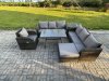 Fimous Outdoor Lounge Sofa Set Wicker PE Rattan Garden Furniture Set with Rectangular Dining Table Reclining Chair Big Footstool Side Table Dark Grey Mixed