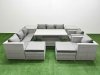 Fimous 9 PCs Rising Dining Table Set Rattan Furniture Set with 3 Seater Sofa Chair 2 Big Footstools 2 Side Tables Light Grey