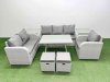 Fimous Rattan High Back Lounge Sofa Set Patio Dining Table & Chairs Set with 3 Seater Sofa Reclining Chair 2 Side Tables 2 Small Stool Light Grey