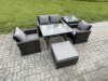 Fimous Outdoor Garden Furniture High Back Rattan Sofa Dining Table Set with Big Footstool Side Table Dark Grey Mixed