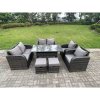 Fimous 8 Seater Dark Grey PE Wicker Rattan Garden Furniture Set Reclining Chair 2 Seater Love Sofa Set Outdoor Rectangular Dining Table 2 Stools