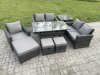 Fimous 8 Seater Outdoor Garden Dining Set Wicker PE Rattan Furniture Sofa with Rectangular Dining Table Double Seat Sofa Side Table 3 Footstools Dark Grey Mixed