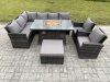 Fimous 9 Seater Outdoor Rattan Garden Furniture Set Corner Sofa Gas Fire Pit Dining Table Sets Gas Heater with Big Footstool 2 Armchair Dark Grey Mixed