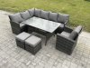 Fimous Outdoor Rattan Garden Furniture Corner Sofa Set with Rectangular Dining Table 2 Small Footstools Armchair Patio Wicker Rattan Set Dark Grey Mixed