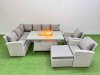 Fimous Rattan Corner Sofa Chair Set Outdoor Furniture Garden Dining Sets Gas Fire Pit Table with Temper Glass Footstools Light Grey Mixed