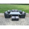 Fimous 6 Seater Rattan Outdoor Furniture Garden Dining Set Patio Height Adjustable Rising lifting Table Love Sofa Chair With 2 Side Tables Stools