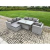 Fimous Outdoor PE Rattan Garden Funiture Set Height Adjustable Rising Lifting Table Sofa Dining Set with Armchair Big Footstool