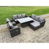 Fimous 9 Seater PE Rattan Outdoor Garden Furniture Sets Height Adjustable Rising lifting DiningTable Sofa Set with Reclining Chair Side Table Dark Grey Mixed