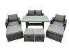 Fimous 8 Seater Wicker PE Rattan Furniture Outdoor Dining Table Double Seat Sofa 4 Stools Set Dark Grey Mixed