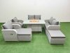 Fimous 8 Seater Outdoor Reclining Chair Love Sofa Set Rattan Garden Furniture Set with Firepit Dining Table 2 Big FootStools Light Grey